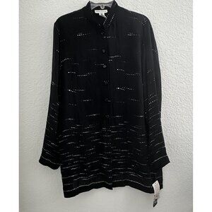 Rena Rowan Womens Tunic 14W Black 100% Silk Button-Up L/S Sheer Artsy Flowy NWT